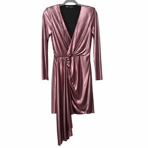 ZARA Metallic Rose Gold Asymmetrical Draped Party Dress Long Sleeve